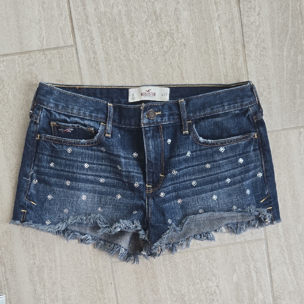 Hollister Women's Blue Jean Shorts with White Floral Design